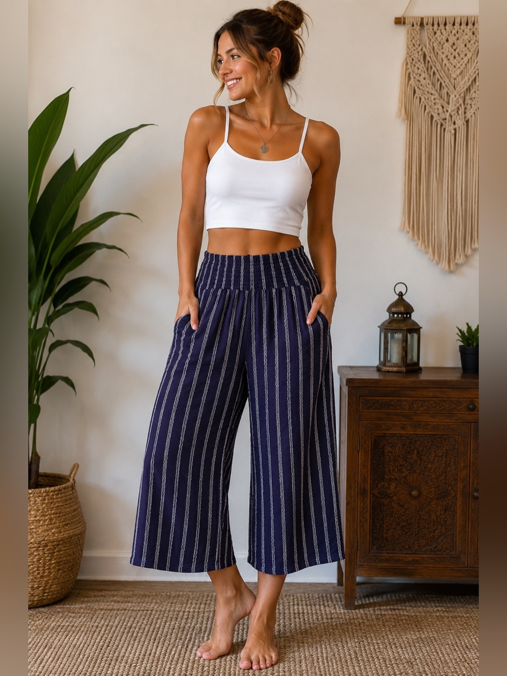 Lotus and Luna  Wide Leg Navy Stripe Pants - Classic Casual